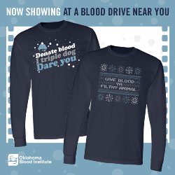 navy long sleeve shirt says \"donate blood I triple dog dare you\" on one and \"give blood ya filthy animal\" on the other